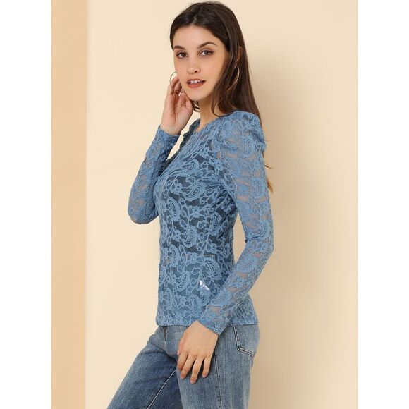 Semi Sheer Puff Long Sleeve Embroidery Blouse Lace Top Blue - Picture 4 of 6